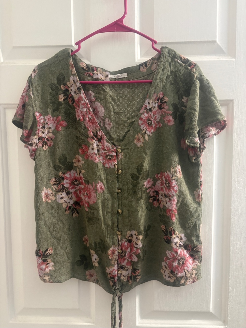 Maurices Olive Green Floral Button-Front Blouse with Tie Hem